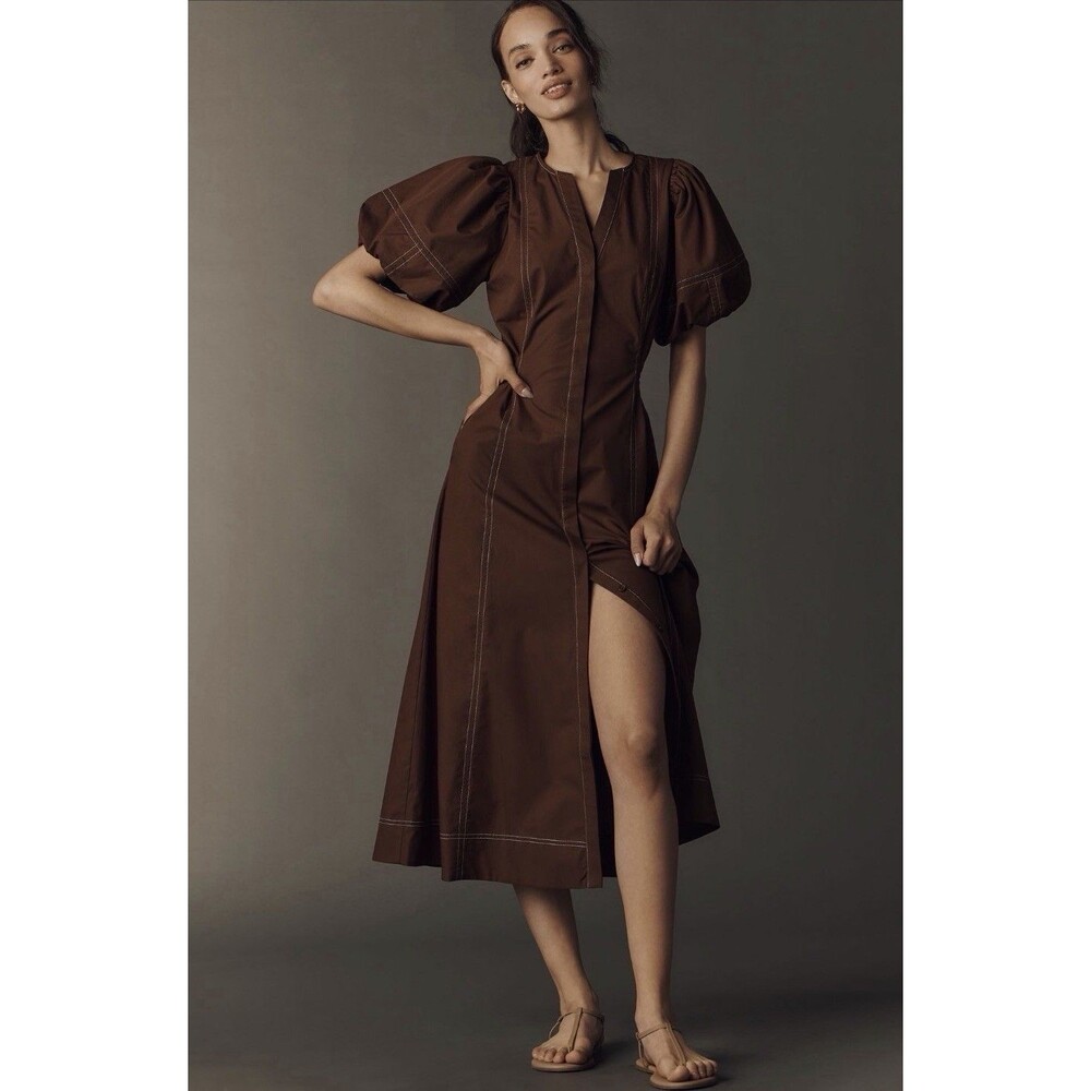 Exquise Anthropologie Midi Dress Brown Stitch Puff Sleeve Retro Vacay Large NWT